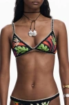 Desigual Crochet Trim Bikini Top In Black Multi