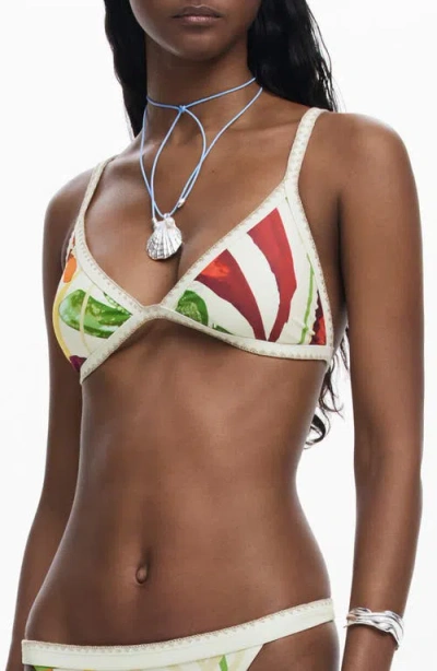 Desigual Crochet Trim Bikini Top In Ivory/light Beige Multi