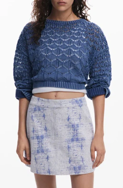 Desigual Cropped Open Knit Sweater In Blue