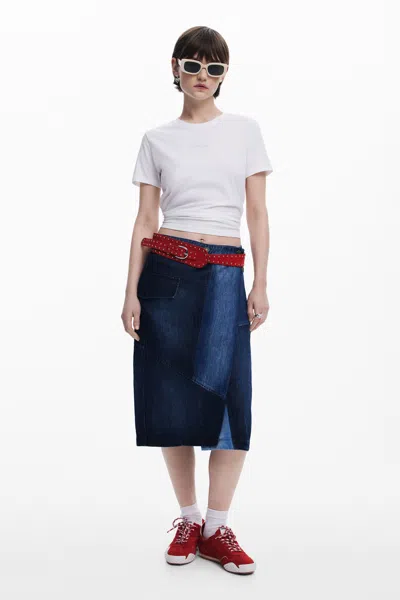 Desigual Crossed Denim Midi Skirt In Blue