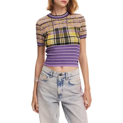 Desigual Knitted T-shirt With Stripes And Checks. In Blue