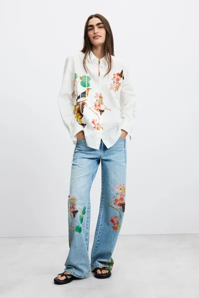 Desigual Culotte Jeans With Flowers In Blue