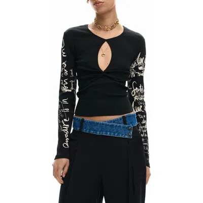Desigual Cutout Long Sleeve Cotton Graphic T-shirt In Black
