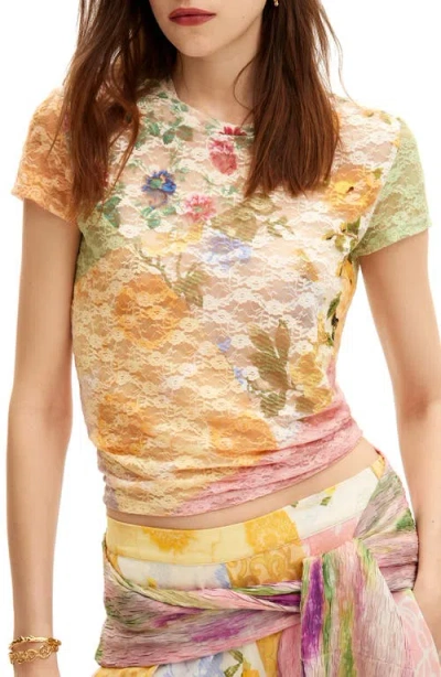 Desigual Dafo Floral Print Sheer Stretch Lace Shirt In Mix