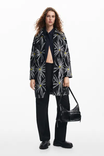 Desigual Daisy Print Coat In Black