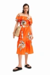Desigual Georgeo Floral Off The Shoulder Tie Belt Midi Dress In Orange