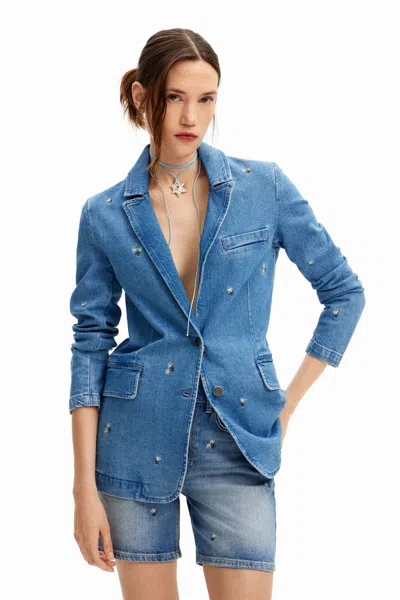 Desigual Denim Blazer With Small Flowers In Blue