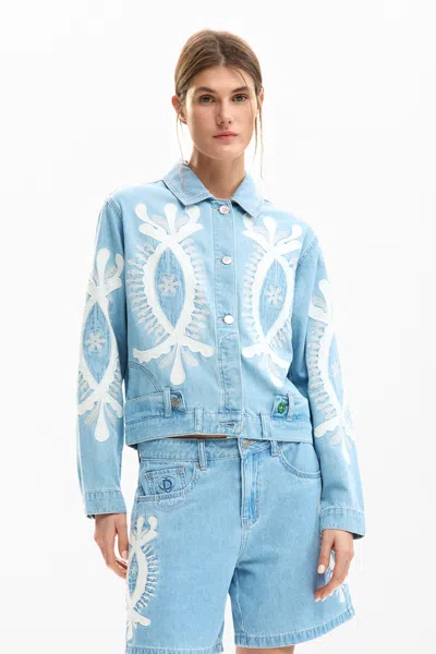 Desigual Denim Jacket With Embroidery In Blue