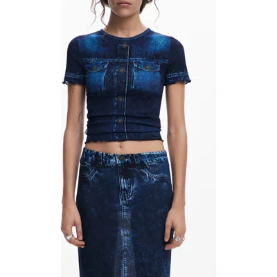 Desigual Denim Print Crop T-shirt In Blue