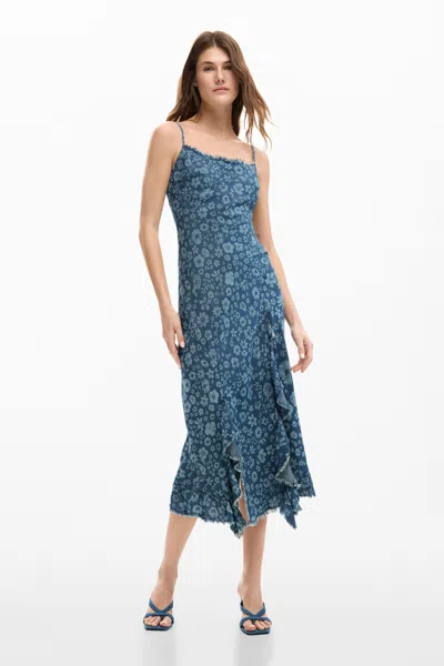 Desigual Denim Ruffle Dress In Blue