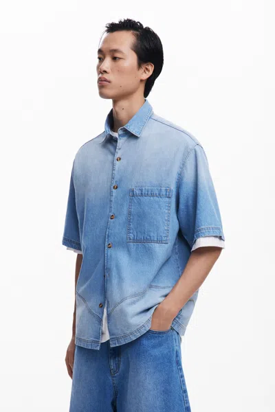 Desigual Denim Shirt With Stitching In Blue
