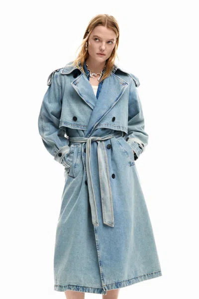 Desigual Denim Trench Coat Belt In Blue