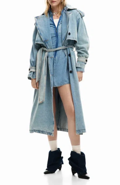 Desigual Denim Trench Coat In Blue