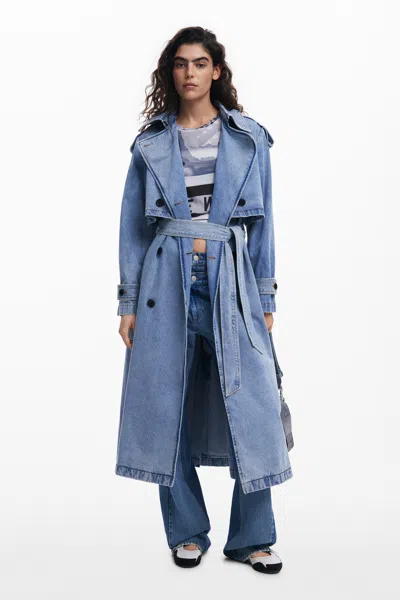 Desigual Denim Trench Coat With Belt In Blue