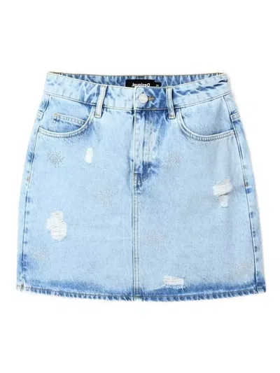 Desigual Distressed Denim Mini Skirt In Blue