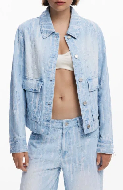 Desigual Distressed Denim Trucker Jacket In Blue
