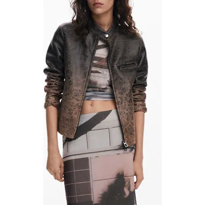 Desigual Distressed Faux Leather Hybrid Jacket In Brown