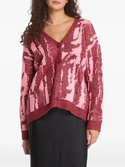 Desigual Distressed Jacquard-knit Cardigan In Red