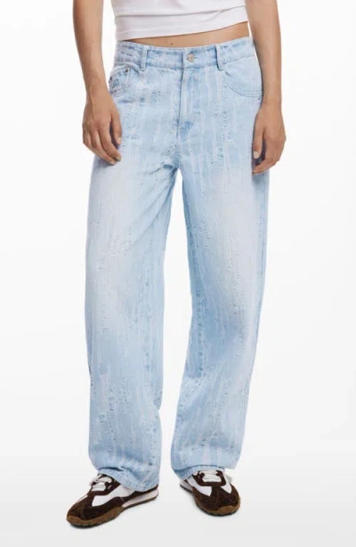 Desigual Distressed Stripe Wide Leg Jeans In Blue