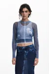 Desigual Open Stitch Crop Sweater In Blue