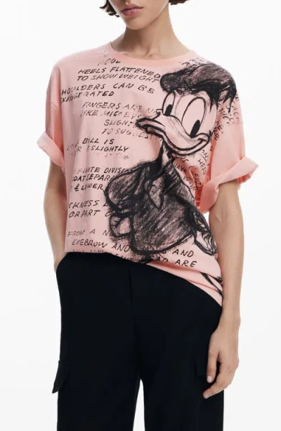 Desigual Donald Duck Drawing Cotton Graphic T-shirt In Pink