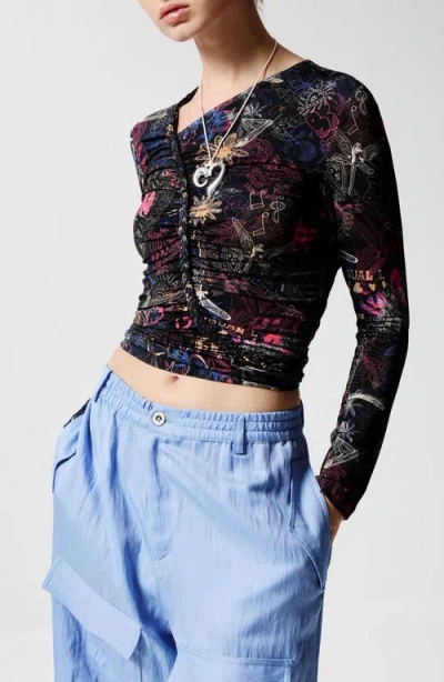 Desigual Doodle Print Asymmetric Ruched Crop Top In Brown