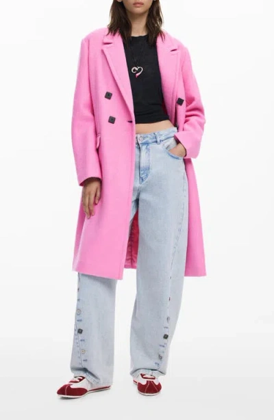 Desigual Double Breasted Overcoat In Pink