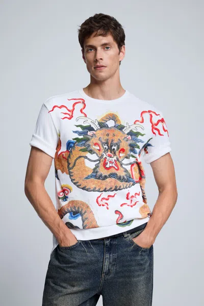 Desigual Dragon Print T-shirt In White