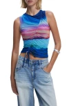 Desigual Drawstring Front Mesh Tank In Blue