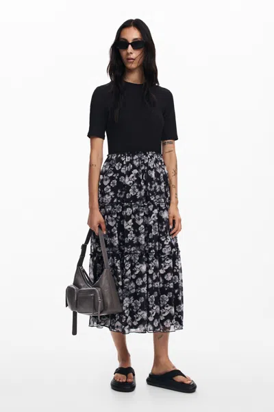 red dress with black tights and boots Desigual Short Black Floral Velvet Tulle Dress - Fitted & Stylish