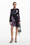 Desigual Dangerbla Abstract Print Long Sleeve Asymmetric Hem Dress In Black