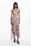 Desigual Ruched Ruffle Hem Asymmetric Maxi Dress In Red