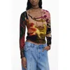Desigual Abstract Print Scoop Neck T-shirt In Brown