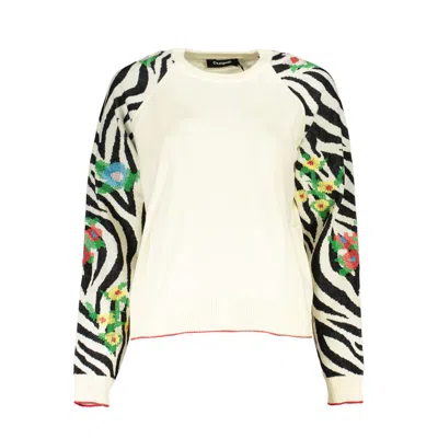 Desigual Elegant White Crew Neck Sweater With Contrast Details