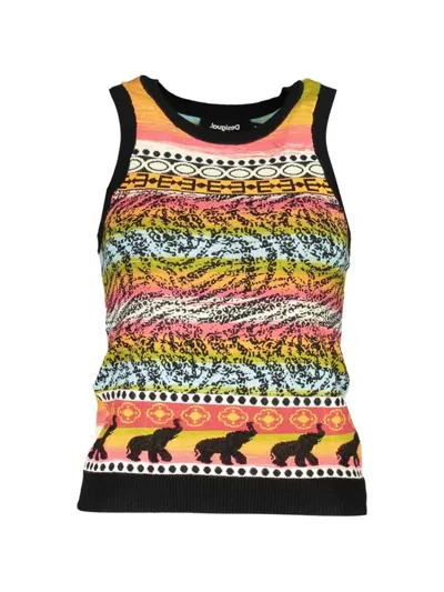 Desigual Elephant-print Striped-pattern Tank Top In Pink