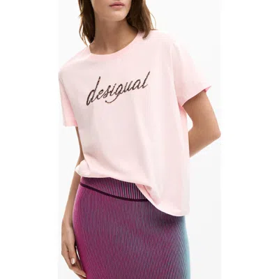 Desigual Embellished Cotton Graphic T-shirt In Pink