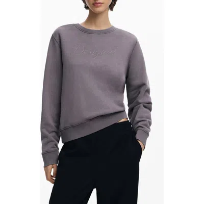 Desigual Embellished Logo Cotton Sweatshirt In Gray
