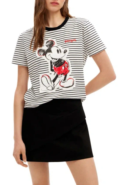 Desigual Embellished Mickey Mouse Appliqué Cotton T-shirt In White