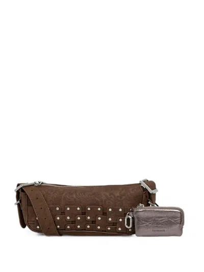 Desigual Embossed Studded Shoulder Bag In Brown