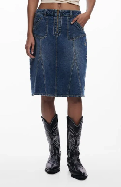 Desigual Embroidered A-line Stretch Denim Skirt In Medium Blue