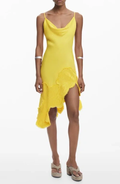 Desigual Embroidered Asymmetric Hem Satin Slipdress In Yellow