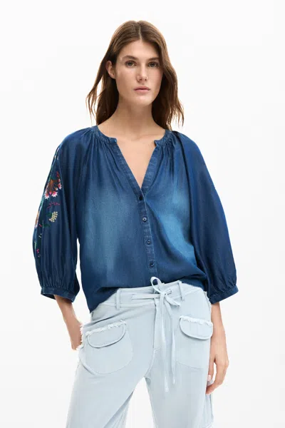 Desigual Embroidered Balloon Blouse In Blue