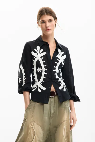 Desigual Embroidered Balloon Sleeve Shirt In Black