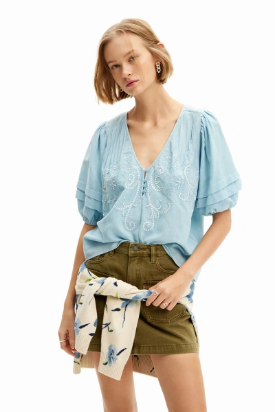 Desigual Embroidered Boho Blouse In Blue
