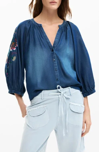 Desigual Embroidered Chambray Shirt In Blue