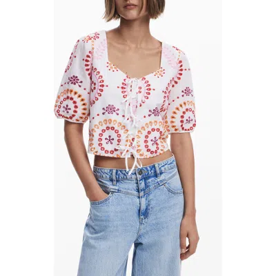 Desigual Embroidered Cotton Crop Top In White