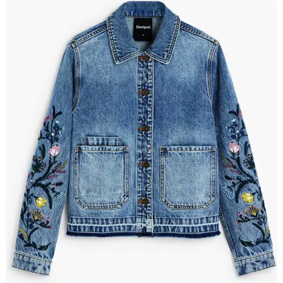 Desigual Embroidered Cotton Denim Jacket In Medium Blue