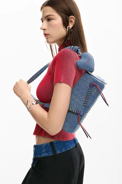 Desigual Embroidered Denim Bag In Gray