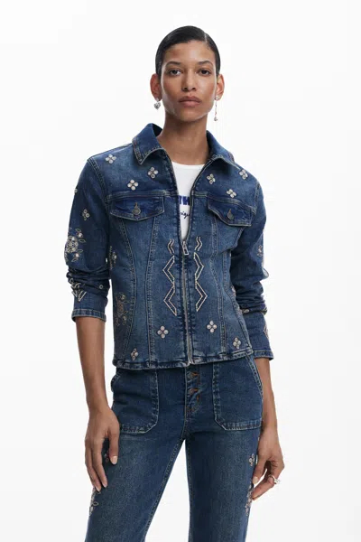 Desigual Embroidered Denim Jacket In Blue