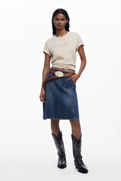 Desigual Embroidered Denim Skirt In Blue